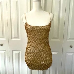 “PRETTYLITTLETHINGS” Gold Beaded Mini Bodycom Dress US Size 6 (UK 10)